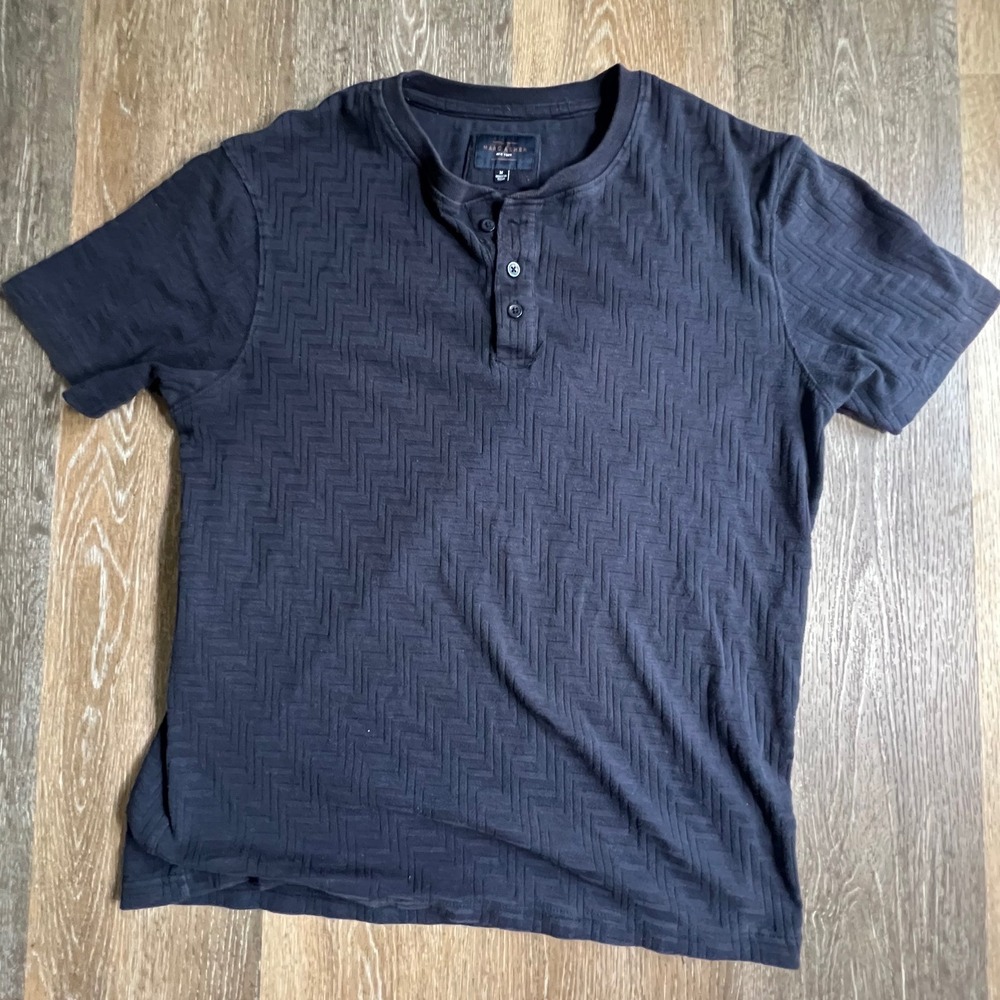 Marc Asher Henley Shirt Mens Medium Navy Blue Textured Chevron Short Sleeve Top